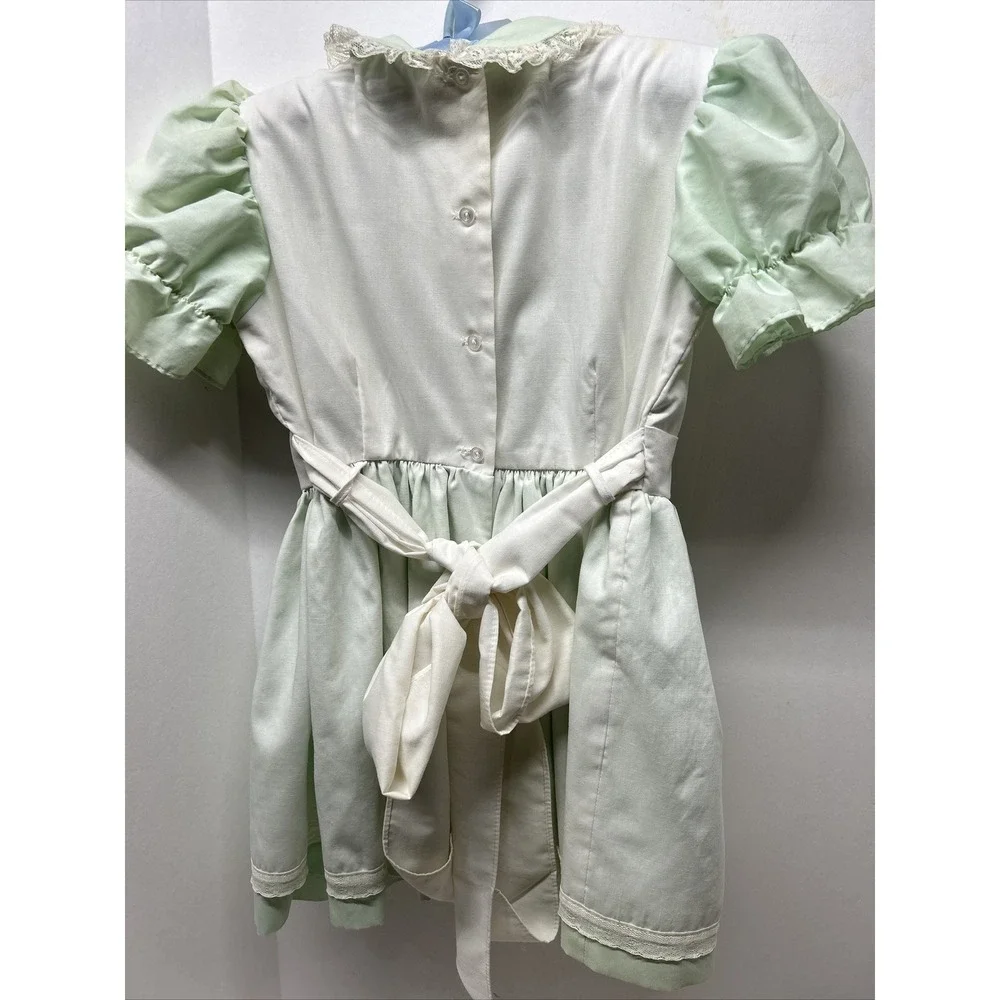 Vintage Little Girls Dress Lace Trimmed‎ Green & White Puff Sleeve Cari Classic
